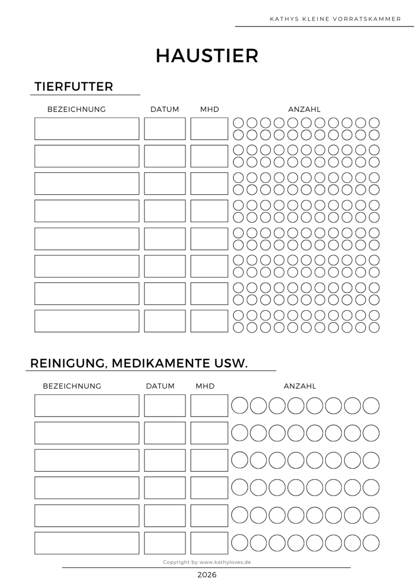 Vorräte organisieren leicht gemacht. Kostenlose Speisekammer Liste - Übersicht Haustier, Tierfutter und Medikamente