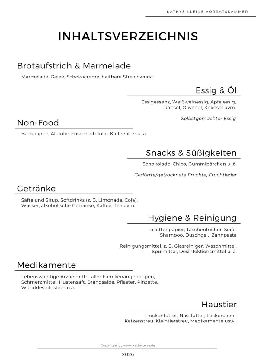 Vorräte organisieren leicht gemacht. Kostenlose Speisekammer Liste - Free Printable Inhaltsverzeichnis